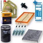 Motoröl + Ölfilter + Luftfilter + Innenraumfilter + Ablassschraube + Zündkerzen