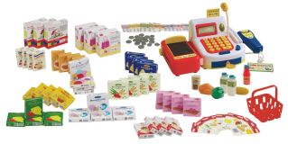 Kaufladenzubehör, Kasse, Spielgeld, Einkaufskorb, Lebensmittel Set & Angebotsschilder