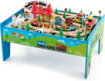 80-teiliges Kinder Eisenbahn Set, Spieltisch aus Holz mit umkehrbarer