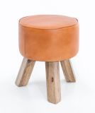 FineBuy Design Sitzhocker FB45553 Holz 37x45x37 cm Modern Fußhocker Rund, Turnbock Lederhocker Holzbeine, Hocker Massivholz mit Leder, Kleiner Fußhocker Gepolstert, Holzhocker mit Echtleder Braun