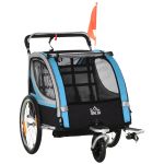 HOMCOM Fahrradanhänger Kinderanhänger Kinderwagen Buggy 2 in 1 360°Drehbar Stahl Oxford Blau+Schwarz