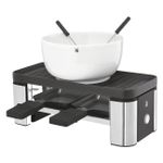 WMF Küchenminis Raclette 2 Personen, Grill, 3 Pfännchen, Schieber und Keramikschüssel für Schokoladenfondue, 370 W, edelstahl matt