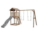 Beach Tower Spielturm mit Doppelschaukel Braune - Graue Rutsche