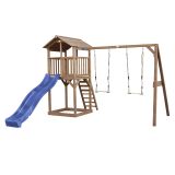 Beach Tower Spielturm mit Doppelschaukel Braun - Blaue Rutsche