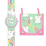 Kinderarmbanduhr mit Brustbeutel Textilarmband Einhornmotiv für Mädchen Einschulung