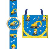 Kinderarmbanduhr mit Brustbeutel Spielzeugbagger Bauarbeiter Motiv japanisches Quarzuhrwerk Einschulung