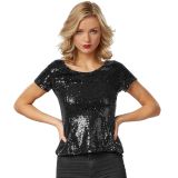 Pailletten-Kurzarm-Shirt - schwarz, M