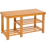 Bambus Schuhbank mit 2 Ebenen und Sitzbank mit getrenntem Abteil 87x28x45,5cm - braun