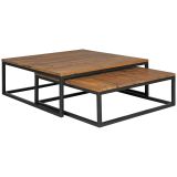 FineBuy Couchtisch 75 x 75 x 27 cm 2er Set Satztisch Metall Beine Sheesham Holz Massiv, Wohnzimmertisch Quadratisch Braun, Beistelltisch Massivholz, Design Lounge Holztisch Wohnzimmer