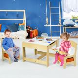 Costway 3 TLG. Kindersitzgruppe Kindermöbel Kindersitzgarnitur Kindertisch mit 2 Stühlen aus Holz 3 in 1 Maltisch