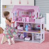 Costway 3 Etagen Puppenhaus aus Holz Puppenstube mit Möbeln & Zubehör Puppenvilla Mädchen Rosa