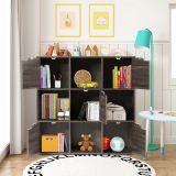 Costway 9-Fächer Stauraum Organizer Regal mit Türen freistehendes Holz Bücherregal-Grau