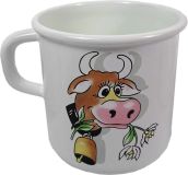Riess Becher Topf mit Bördel Almliesel Emaille Weiß Trinkbecher Campingbecher Kuh mit Blume 0,375ml
