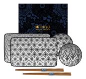 Schwarz / Weißes Teller Set mit Stäbchen - Nippon Schwarz - 6er Set - 21 x 13,5 & 9,5 x 3 cm