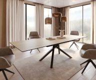Esstisch Edge 200-300x100 Keramik Laminam® Sabbia Eichefarbig Kreuzgestell Rechteck Schwarz ausziehbar