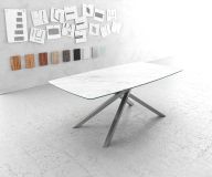 Esstisch Edge Bootsform 200x100cm Keramik Laminam®Statuarietto Weiß Kreuzgestell Rechteck Edelstahl