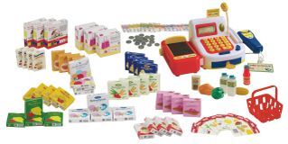 Kaufladenzubehör, Kasse, Spielgeld, Einkaufskorb, Lebensmittel Set & Angebotsschilder